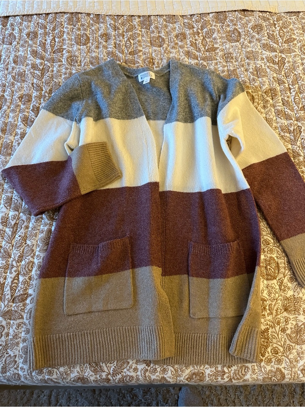 Market & Spruce Colorblock Open Cardigan in Gray, Cream, Brown, Tan